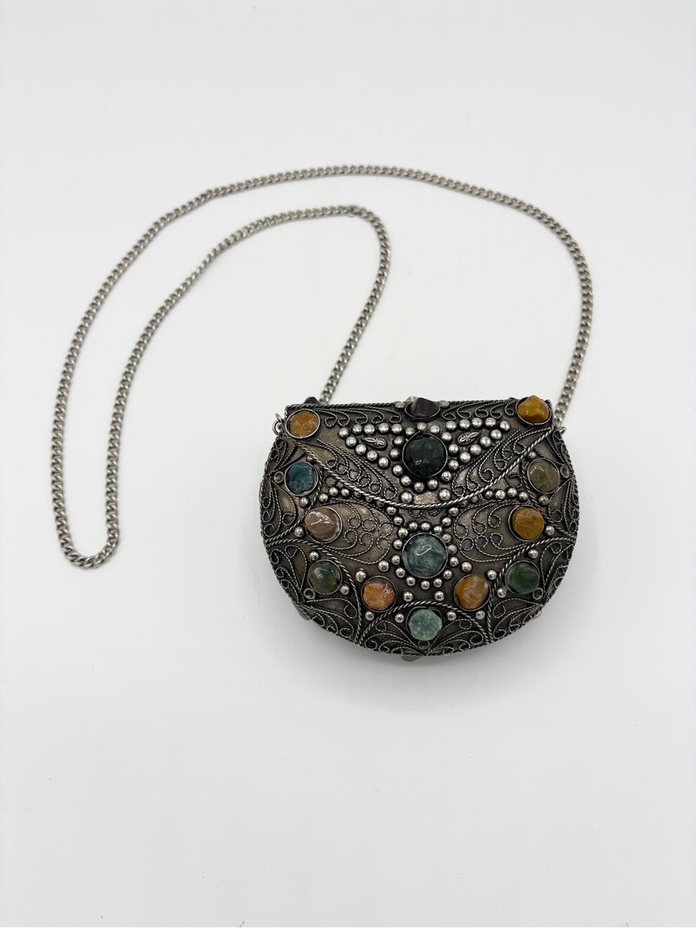 Vintage 1970s Indian Metal Gemstone Agate Crossbody Evening Bag Silver